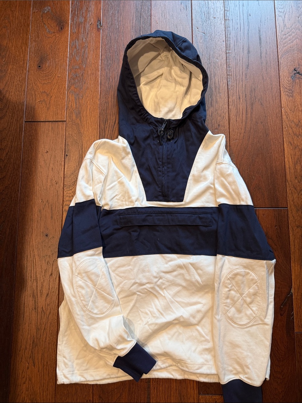 J Crew Striped Hooded Pullover in Navy and Cream